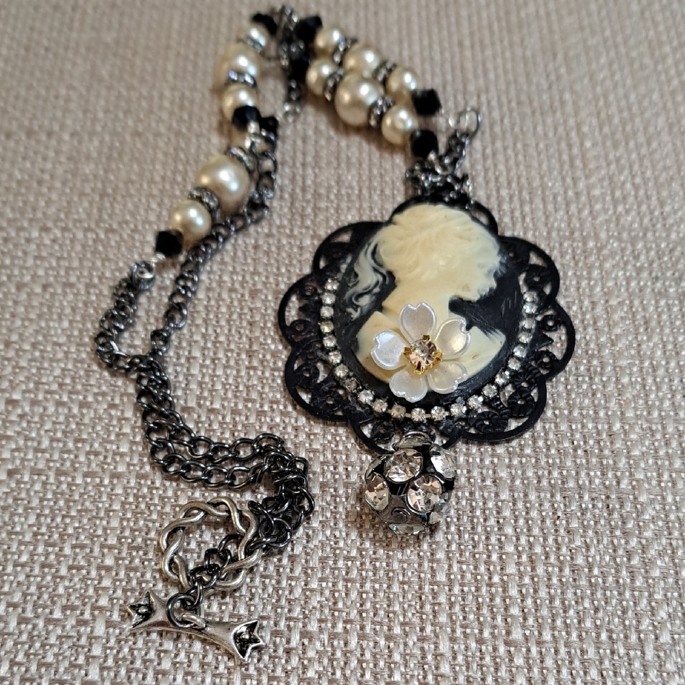 Elegant Black and Cream Cameo Necklace. Upcycled, vintage, handmade.
